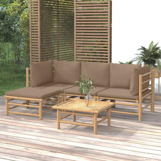 5 Piece Patio Lounge Set with Taupe Cushions Bamboo