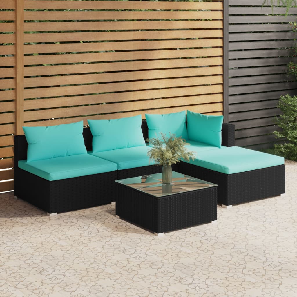 5 Piece Patio Lounge Set with Cushions Poly Rattan Black