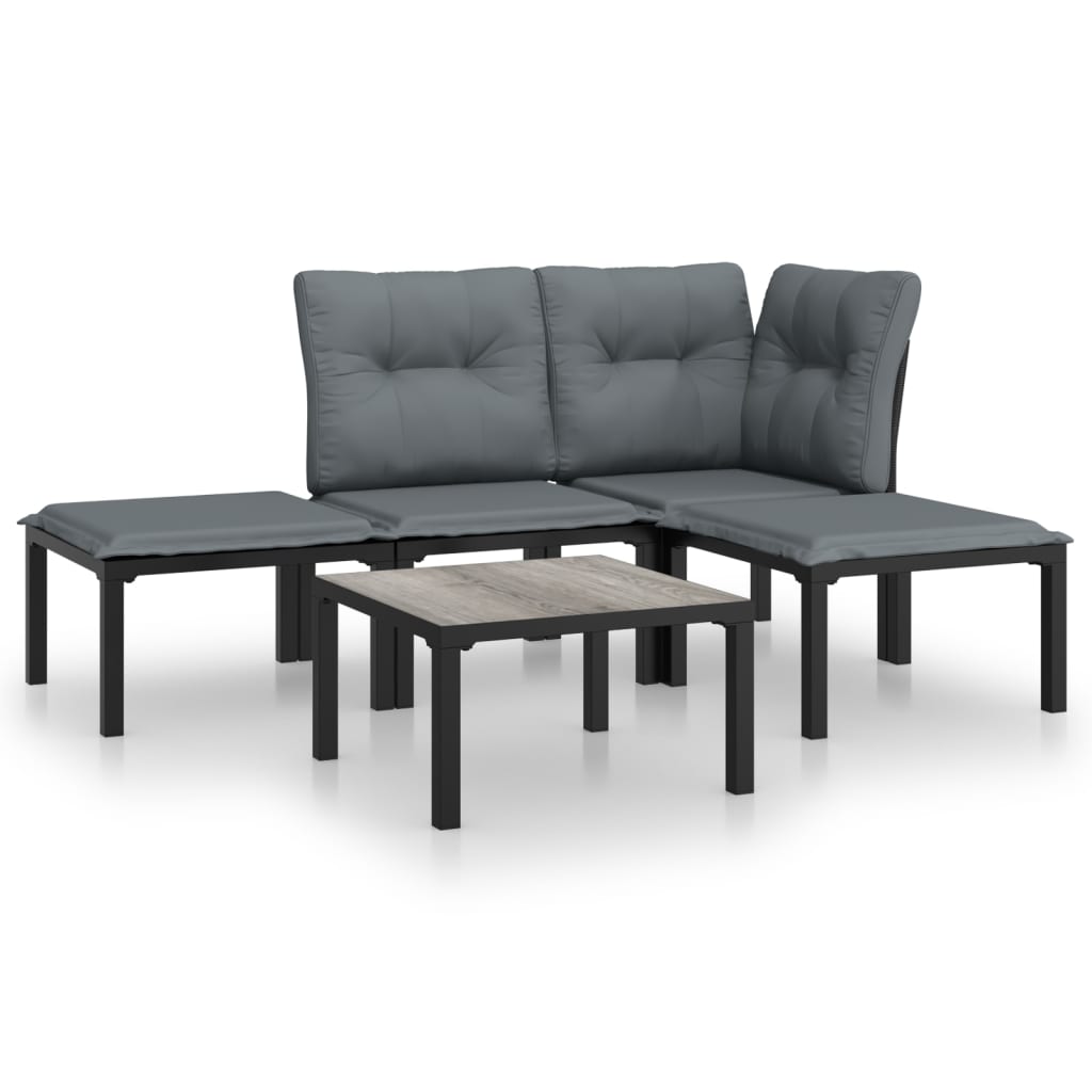 5 Piece Patio Lounge Set Black and Gray Poly Rattan