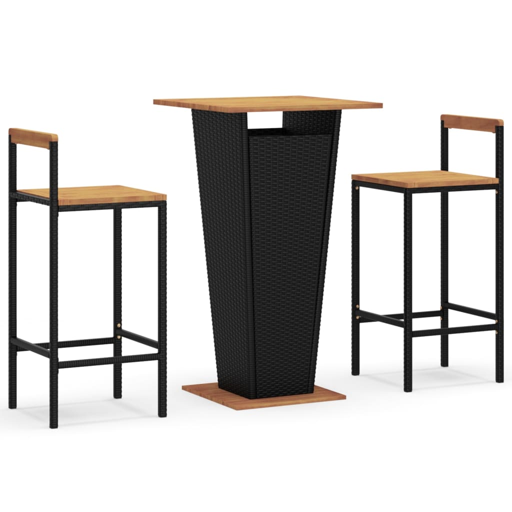 3 Piece Patio Bar Set Black Poly Rattan&Solid Wood Acacia