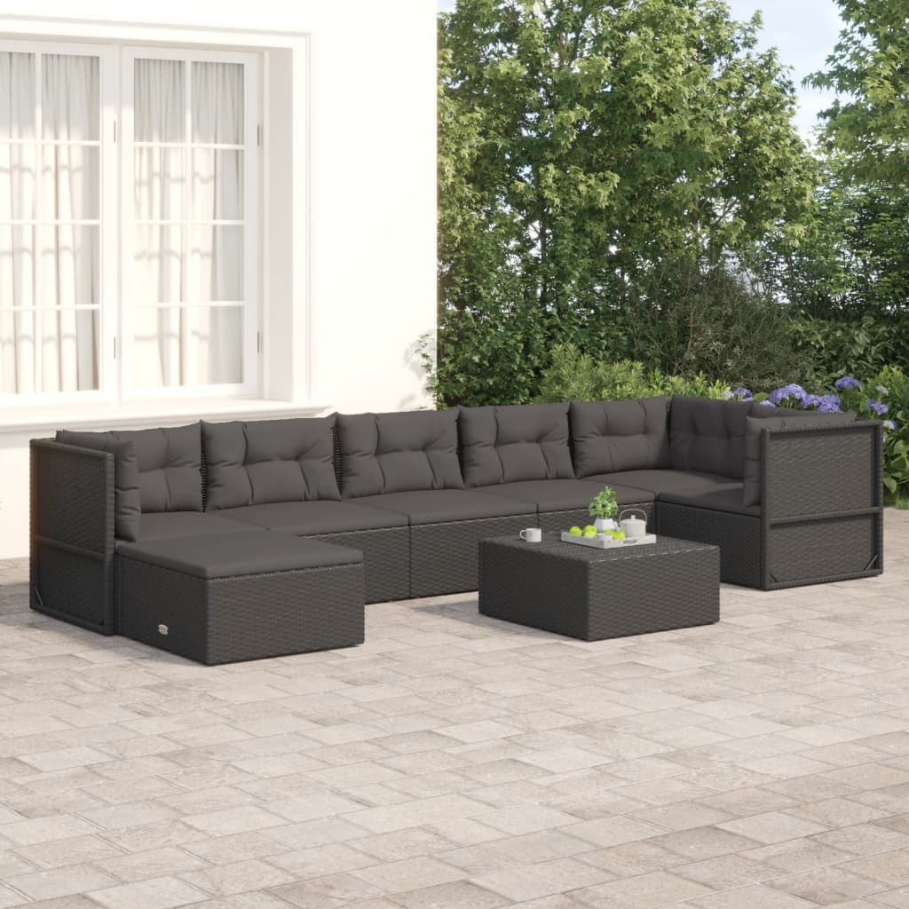 7 Piece Patio Lounge Set with Cushions Black Poly Rattan