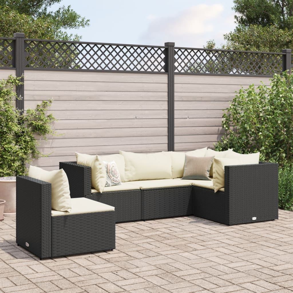 5 Piece Patio Lounge Set with Cushions Black Poly Rattan