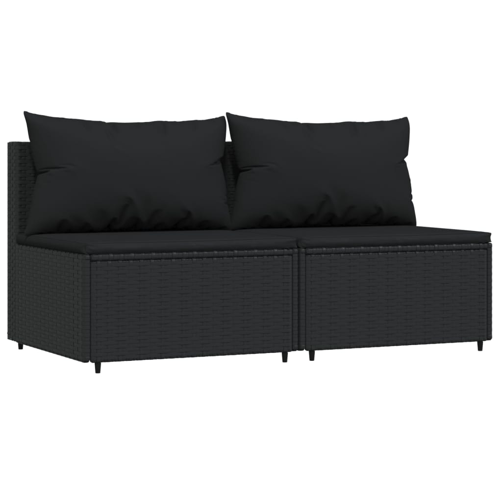 Patio Middle Sofas with Cushions 2 pcs Black Poly Rattan