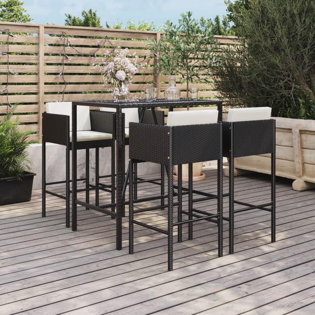 5 Piece Patio Bar Set with Cushions Black Poly Rattan