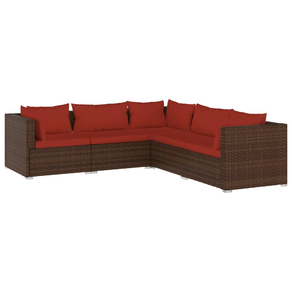 5 Piece Patio Lounge Set with Cushions Poly Rattan Brown