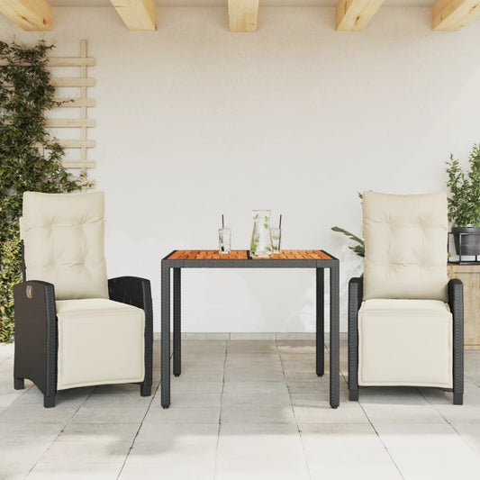 3 Piece Patio Dining Set with Cushions Black Poly Rattan