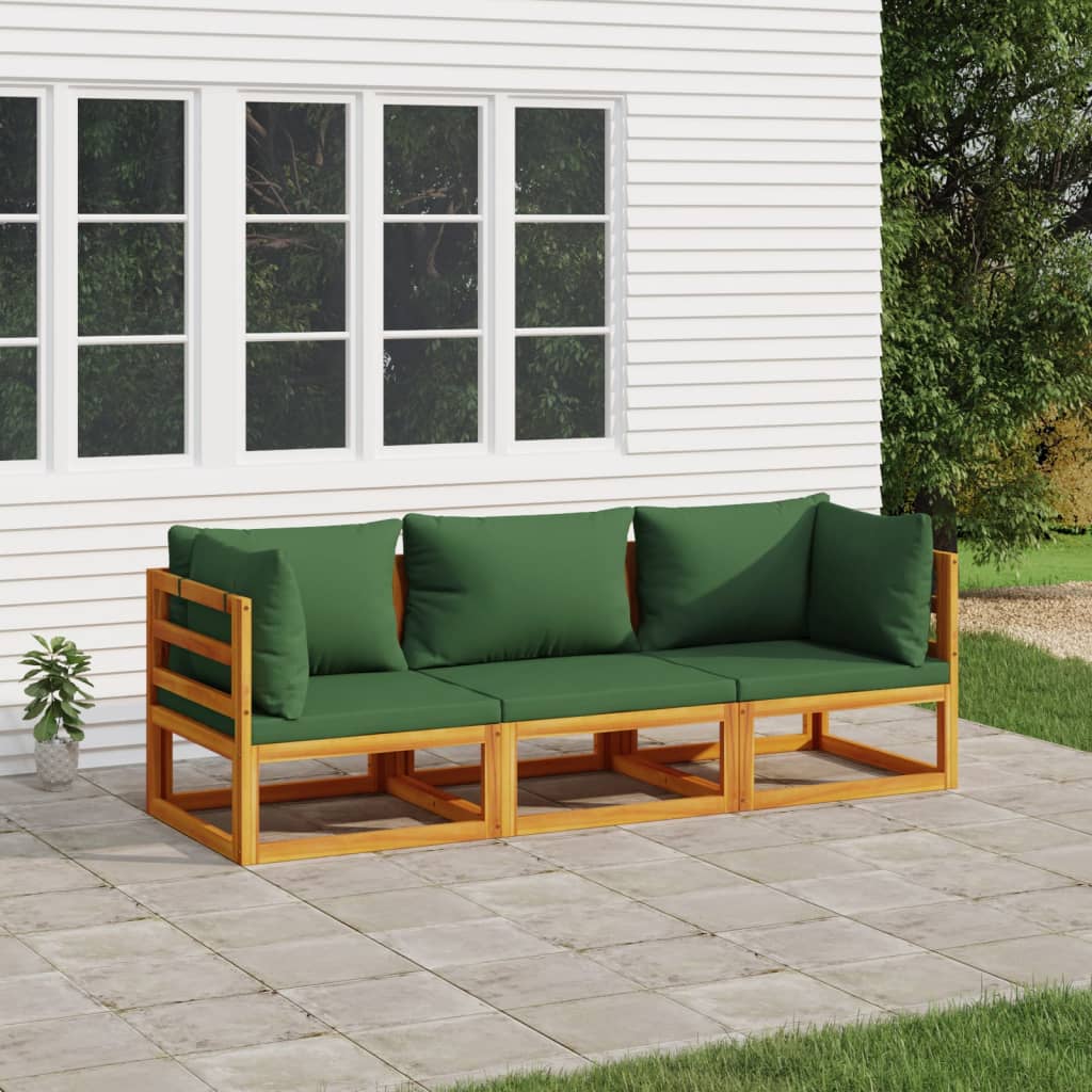 3 Piece Patio Lounge Set with Green Cushions Solid Wood