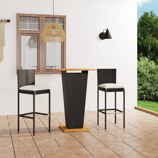 3 Piece Patio Bar Set with Cushions Poly Rattan Black