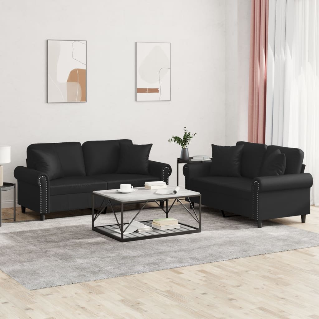 2 Piece Sofa Set with Pillows Black Faux Leather