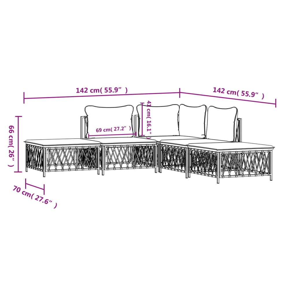 5 Piece Patio Lounge Set with Cushions White Steel