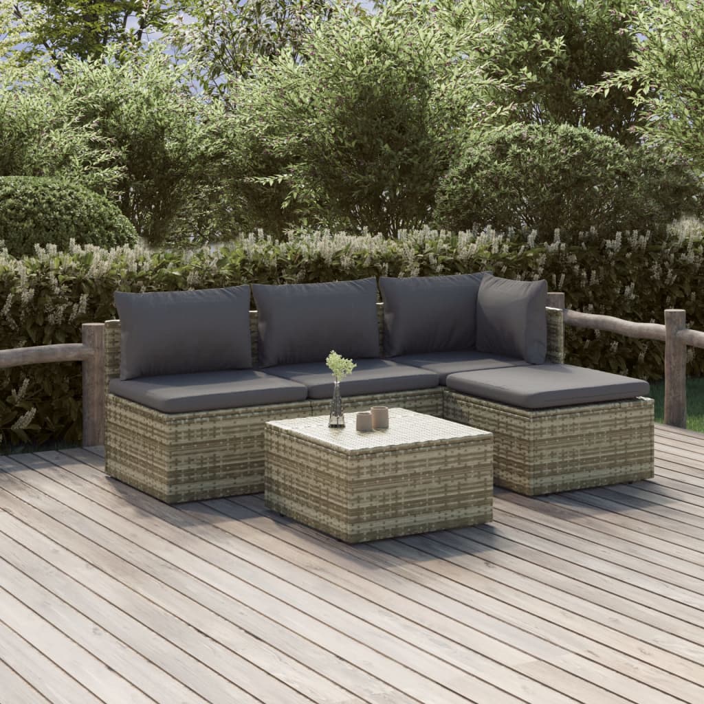 5 Piece Patio Lounge Set with Cushions Gray Poly Rattan