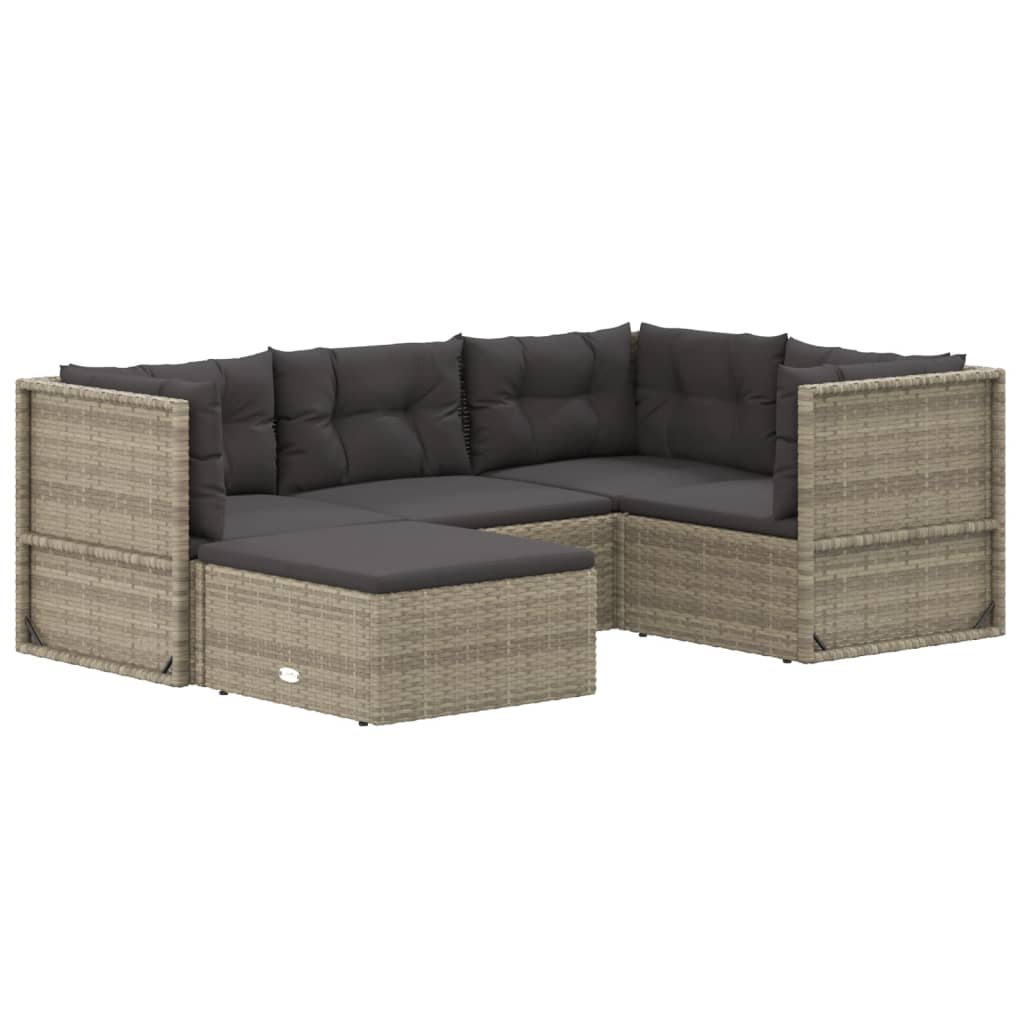 5 Piece Patio Lounge Set with Cushions Gray Poly Rattan