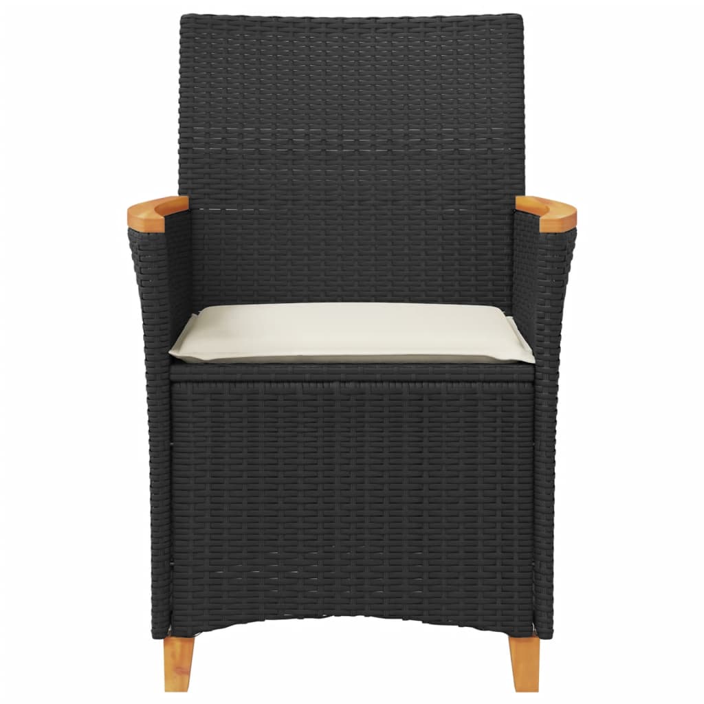 Patio Chairs with Cushions 2 pcs Black Poly Rattan&Solid Wood