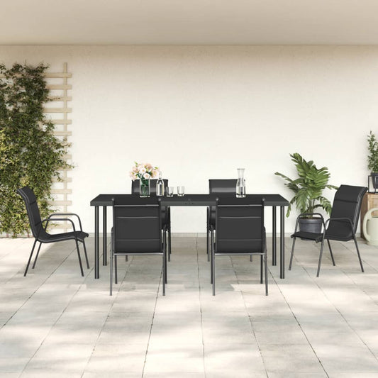 7 Piece Patio Dining Set Black Steel and Textilene