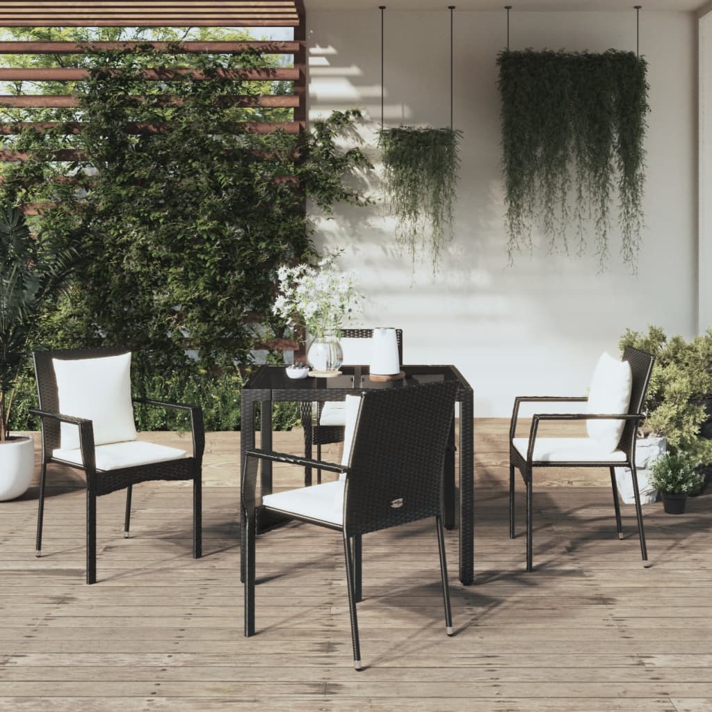 5 Piece Patio Dining Set with Cushions Black Poly Rattan