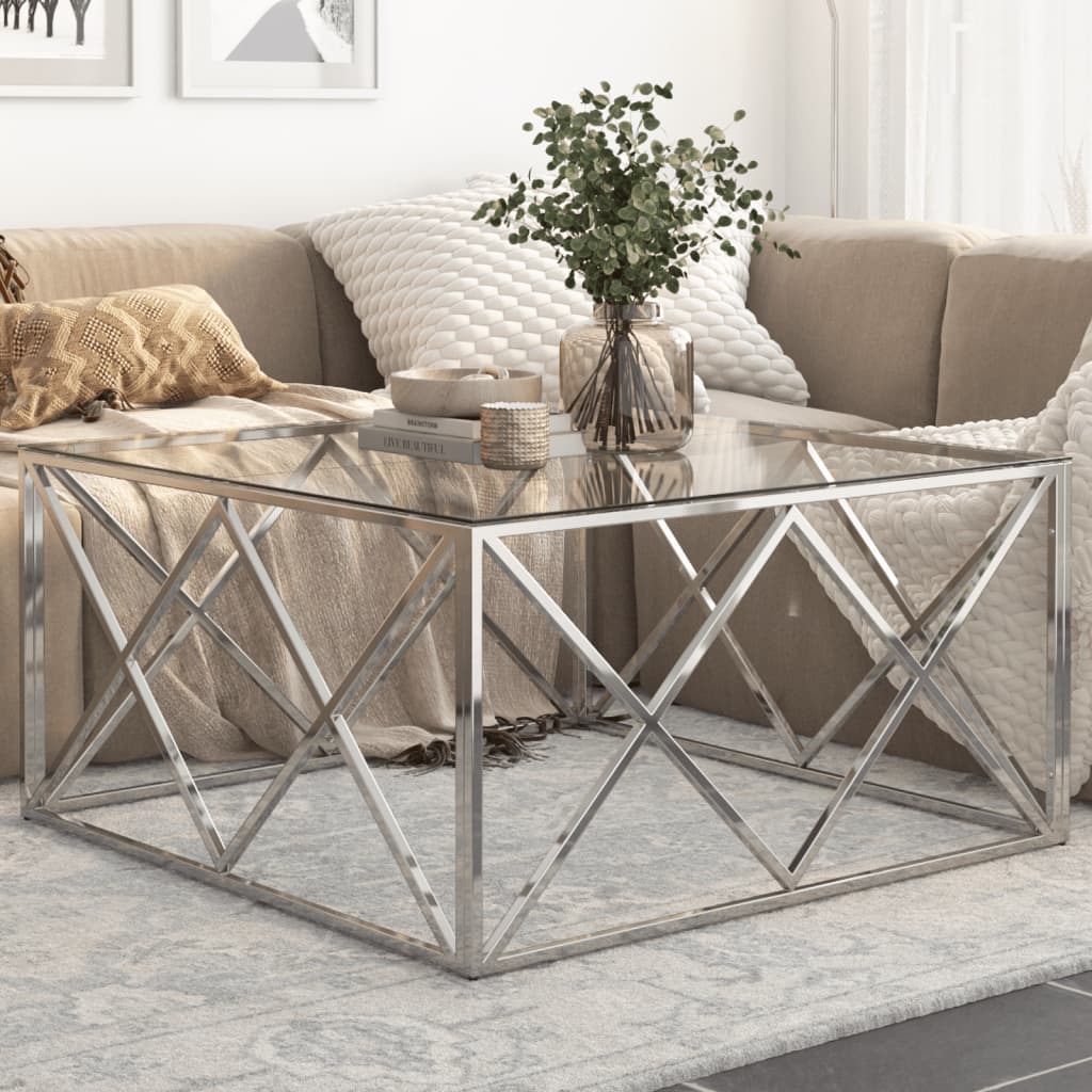 Coffee Table Silver Stainless Steel and Tempered Glass