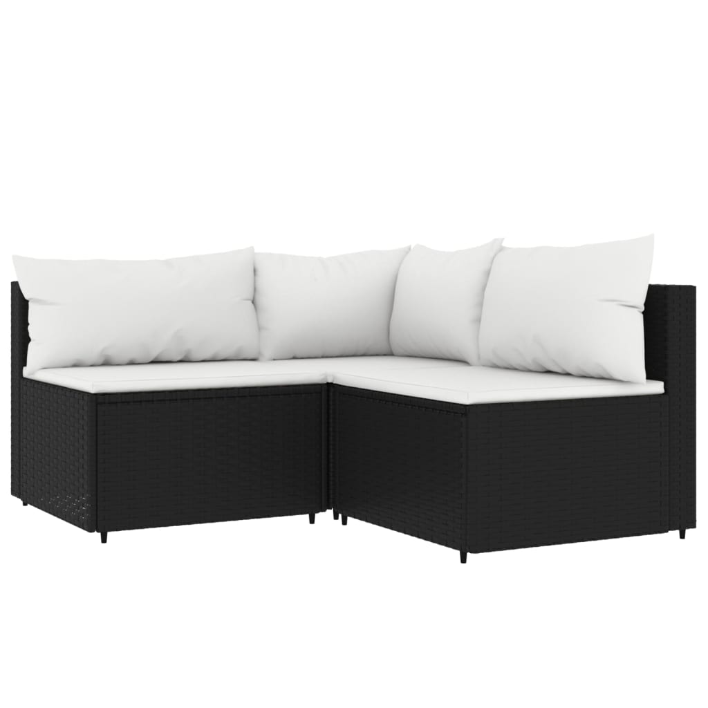 3 Piece Patio Lounge Set with Cushions Black Poly Rattan