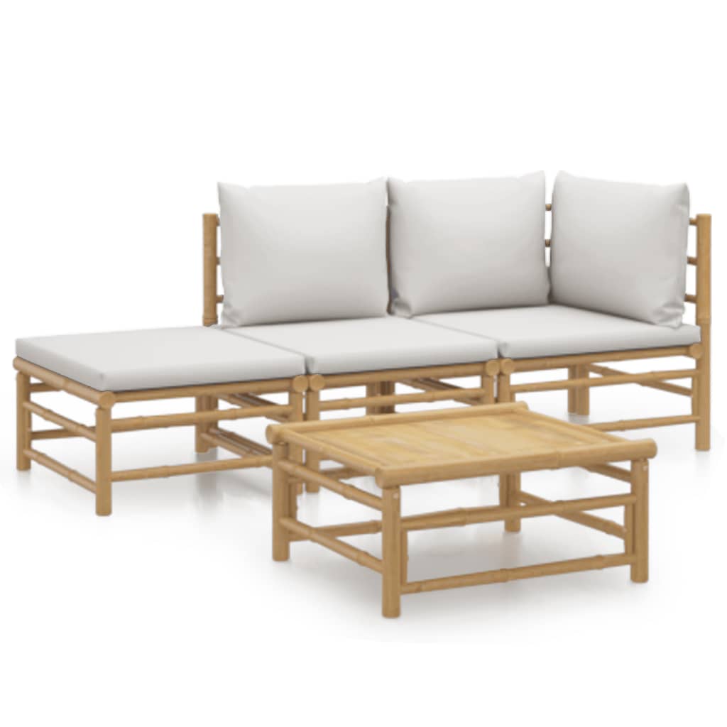 4 Piece Patio Lounge Set with Light Gray Cushions Bamboo