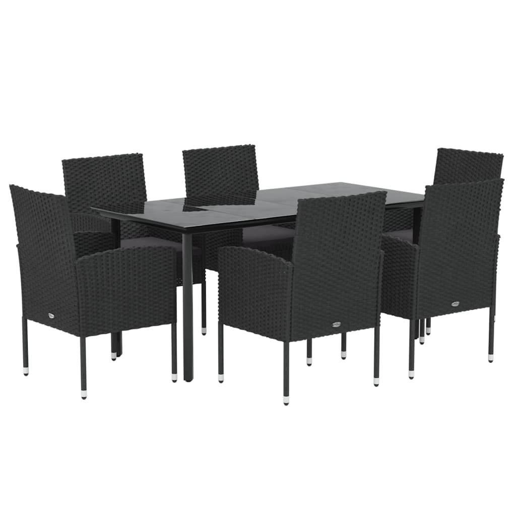 7 Piece Patio Dining Set with Cushions Black Poly Rattan