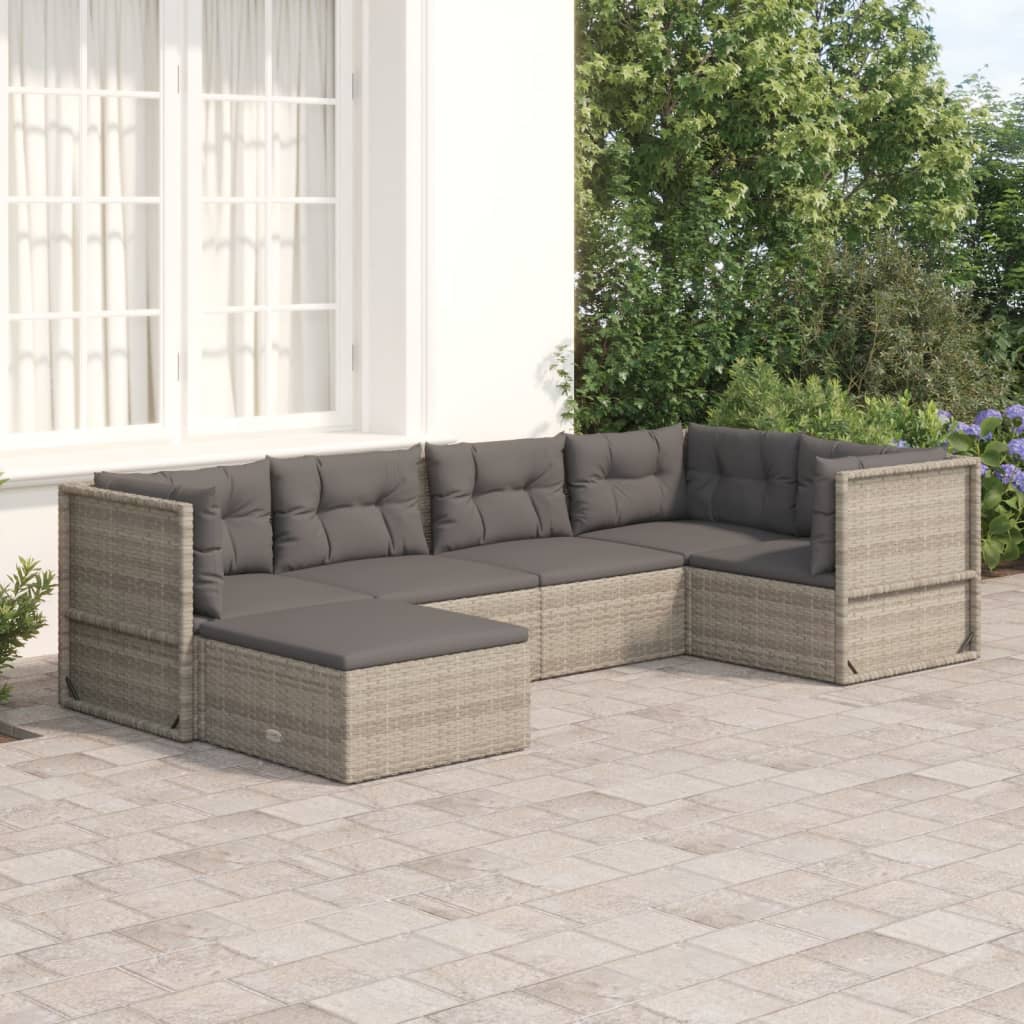 6 Piece Patio Lounge Set with Cushions Gray Poly Rattan