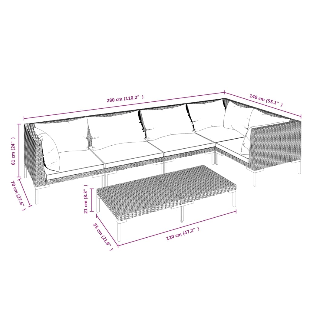 6 Piece Patio Lounge Set with Cushions Poly Rattan Dark Gray