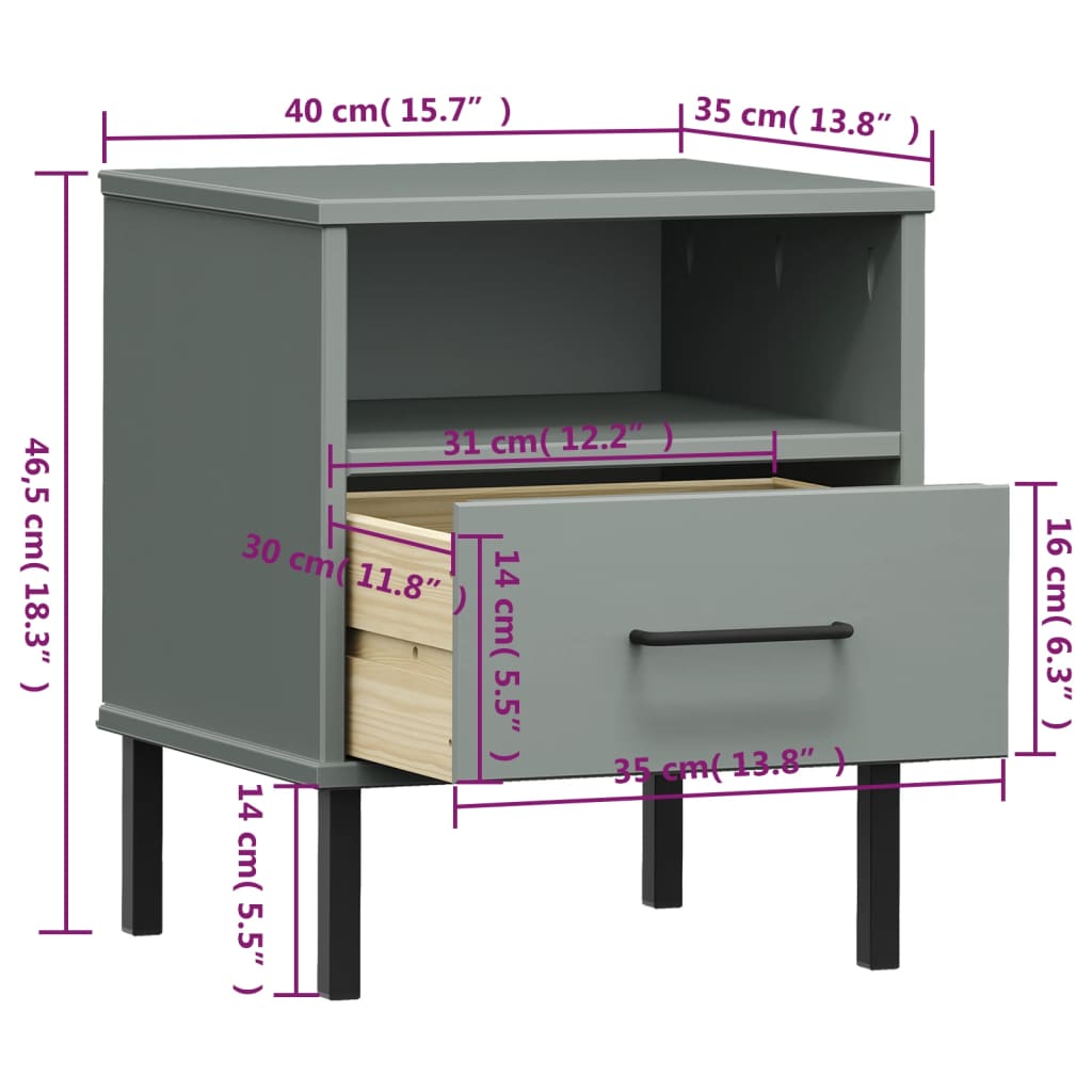 Bedside Cabinet with Metal Legs Gray Solid Wood Pine OSLO