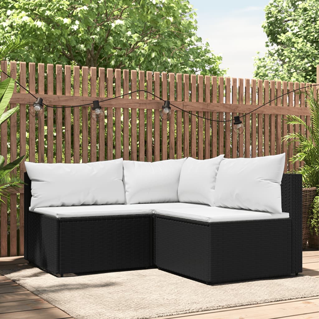 3 Piece Patio Lounge Set with Cushions Black Poly Rattan