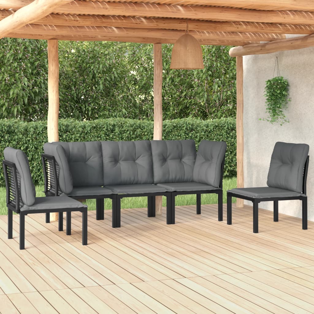 5 Piece Patio Lounge Set Black and Gray Poly Rattan