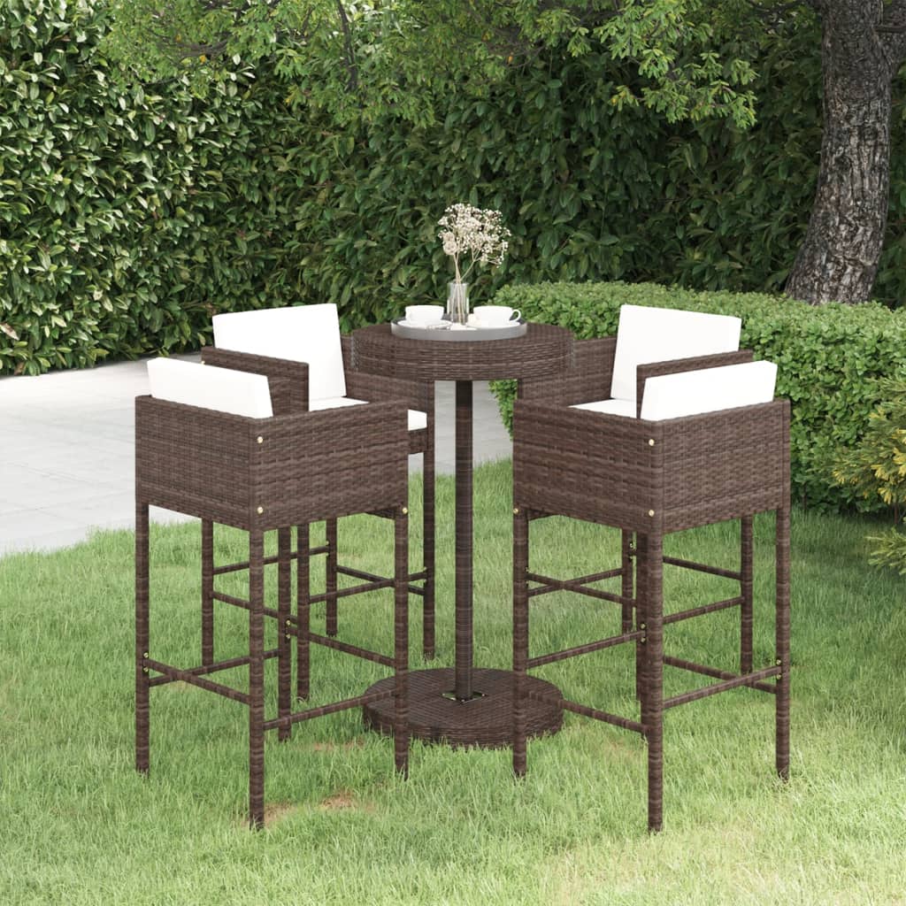 5 Piece Patio Bar Set with Cushions Poly Rattan Brown