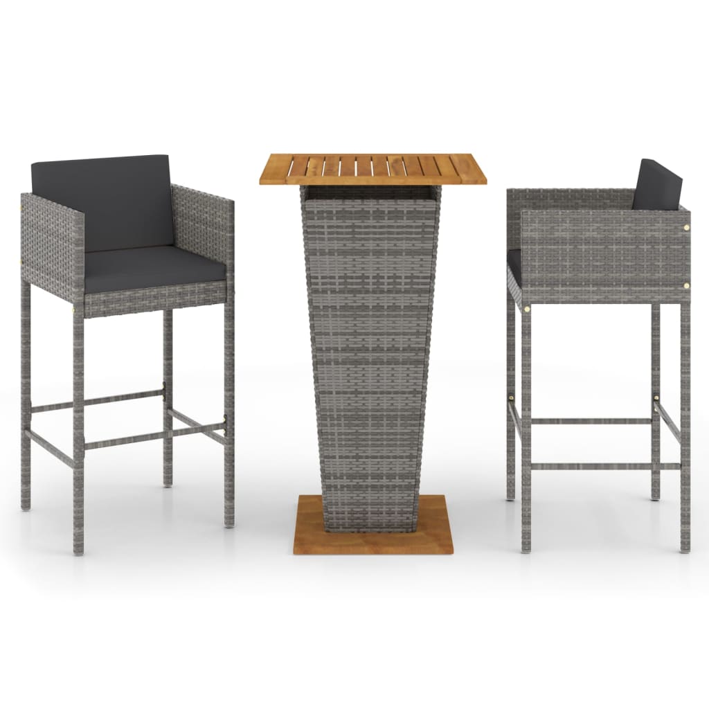 3 Piece Patio Bar Set with Cushions Poly Rattan Gray