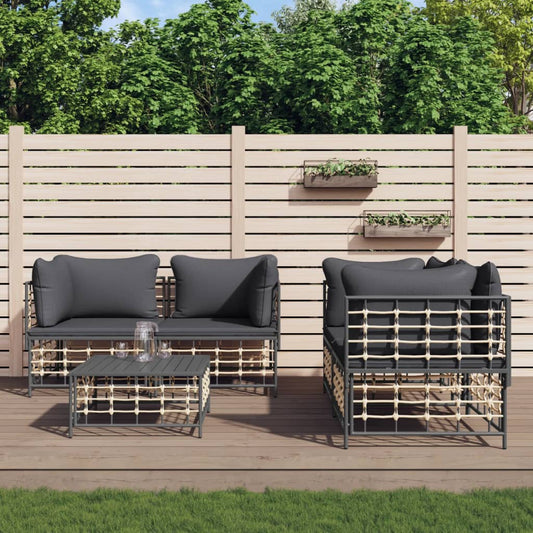 5 Piece Patio Lounge Set with Cushions Anthracite Poly Rattan