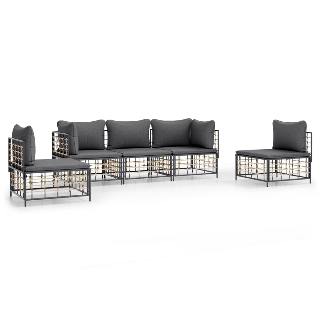 5 Piece Patio Lounge Set with Cushions Anthracite Poly Rattan