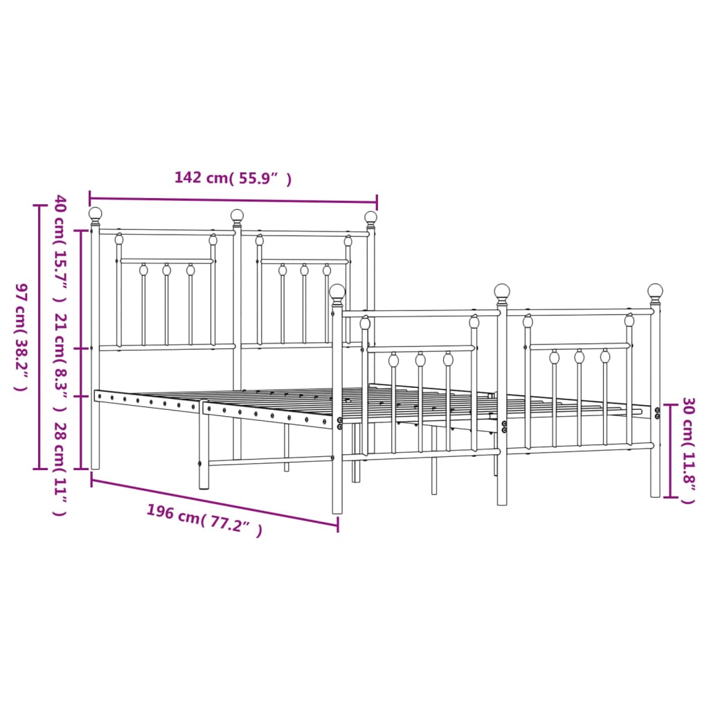 Metal Bed Frame without Mattress with Footboard White 53.1"x74.8"