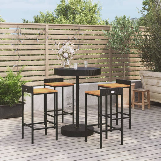 5 Piece Patio Bar Set Black Poly Rattan&Solid Wood Acacia