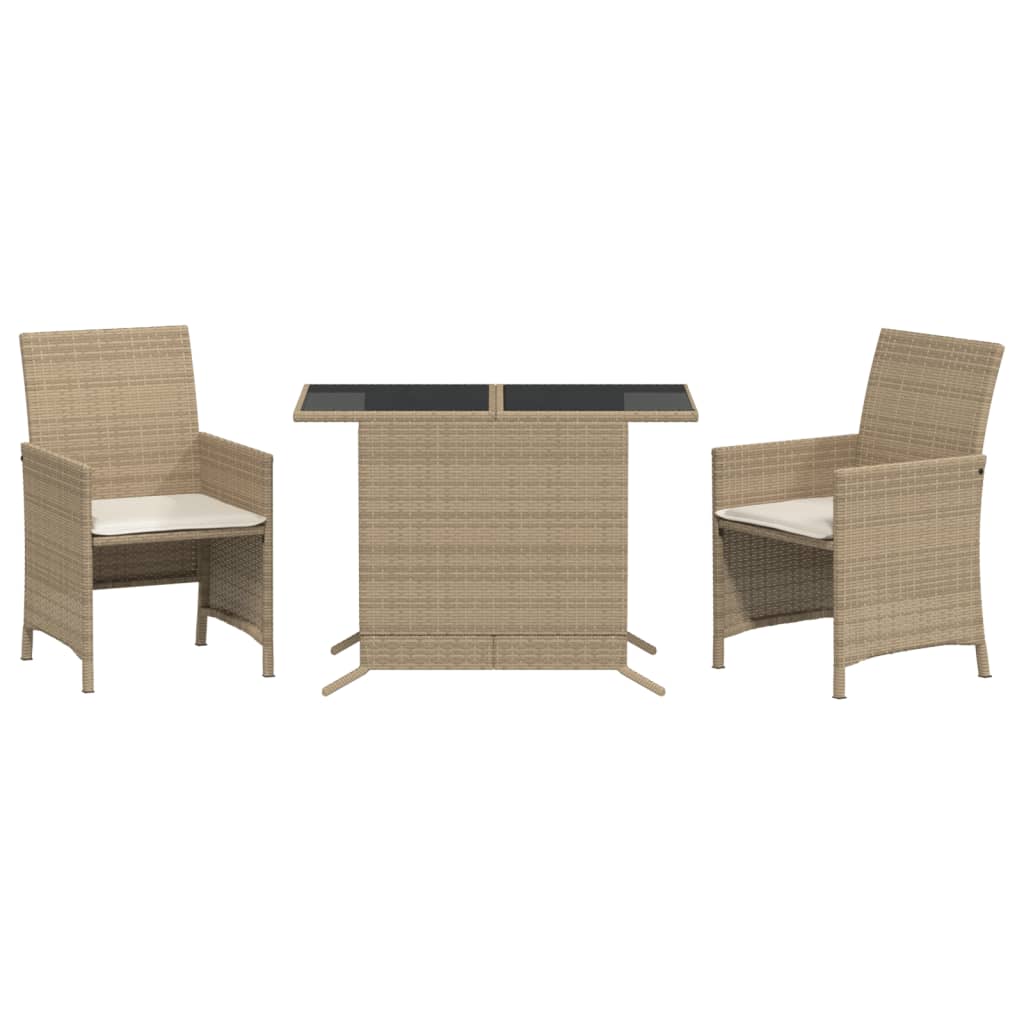 3 Piece Bistro Set with Cushions Beige Poly Rattan