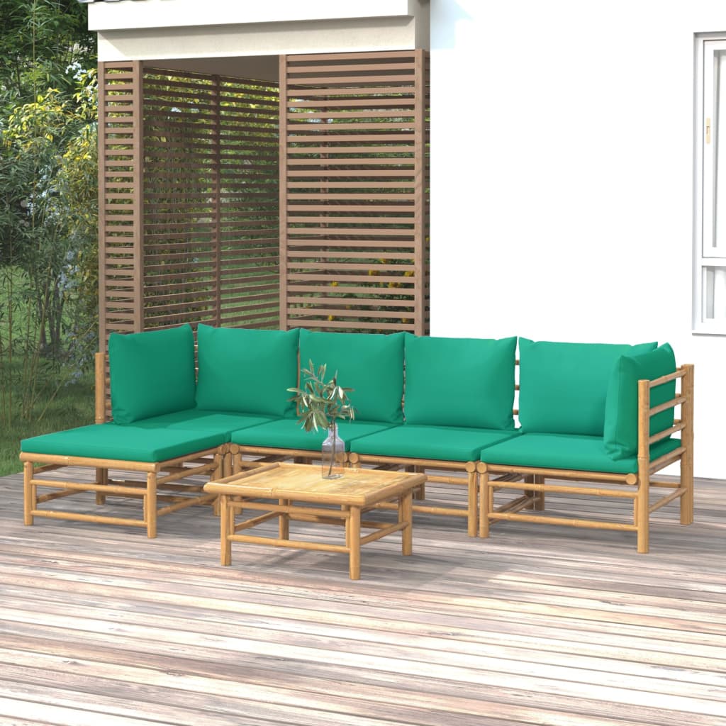 6 Piece Patio Lounge Set with Green Cushions Bamboo