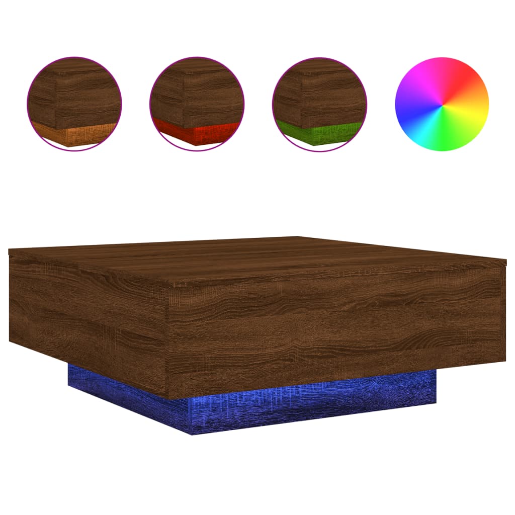 Coffee Table with LED Lights Brown Oak 31.5"x31.5"x12.2"