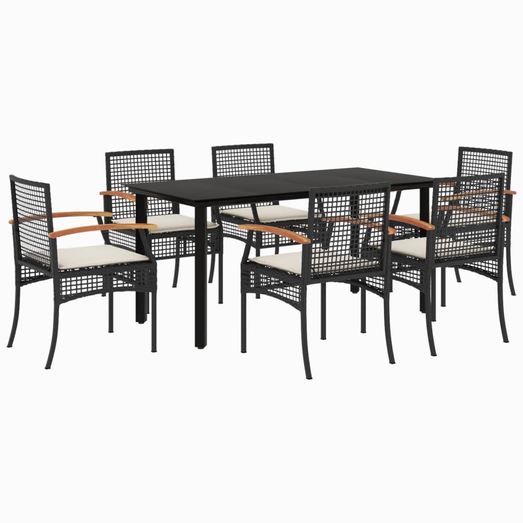 7 Piece Patio Dining Set with Cushions Black Poly Rattan