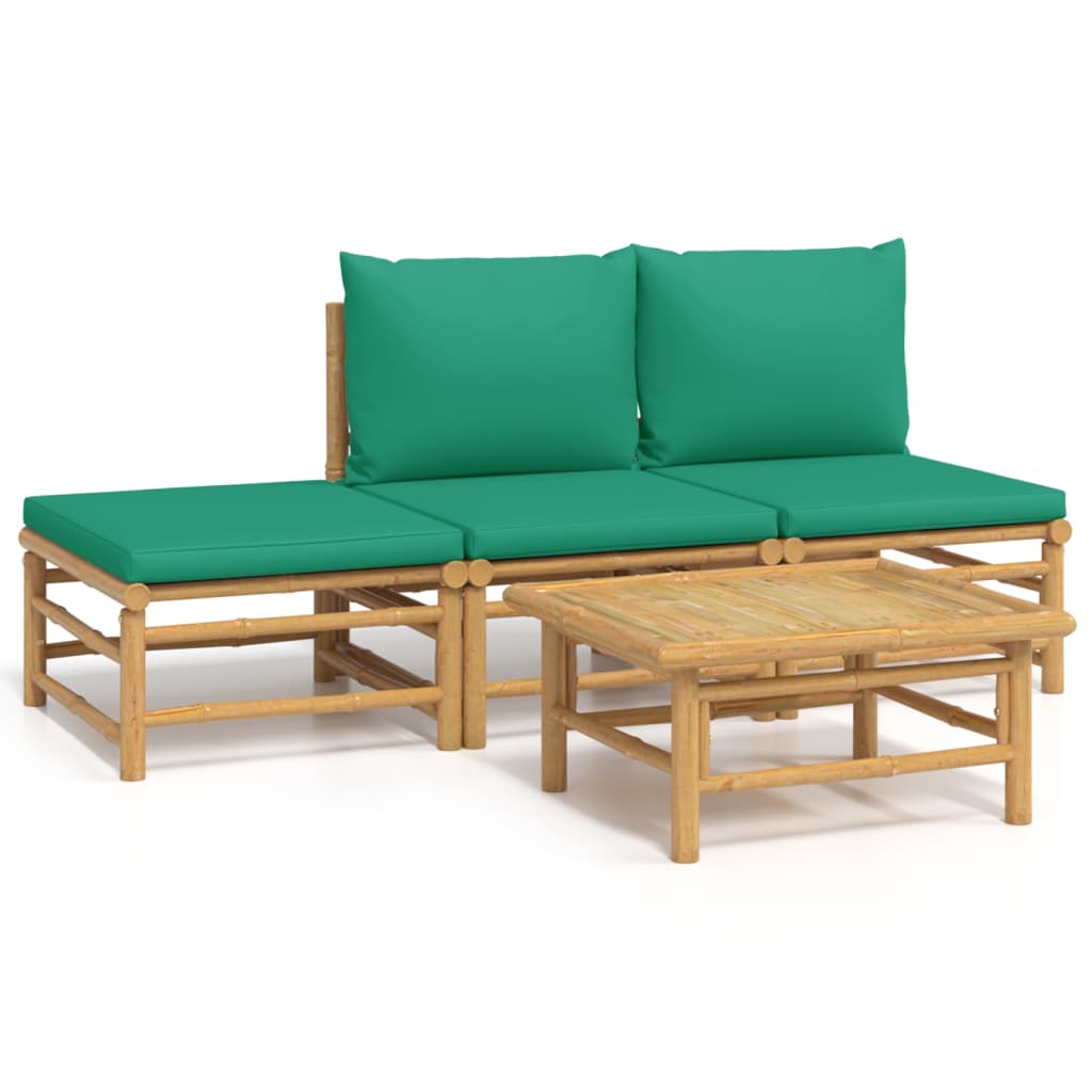 4 Piece Patio Lounge Set with Green Cushions Bamboo