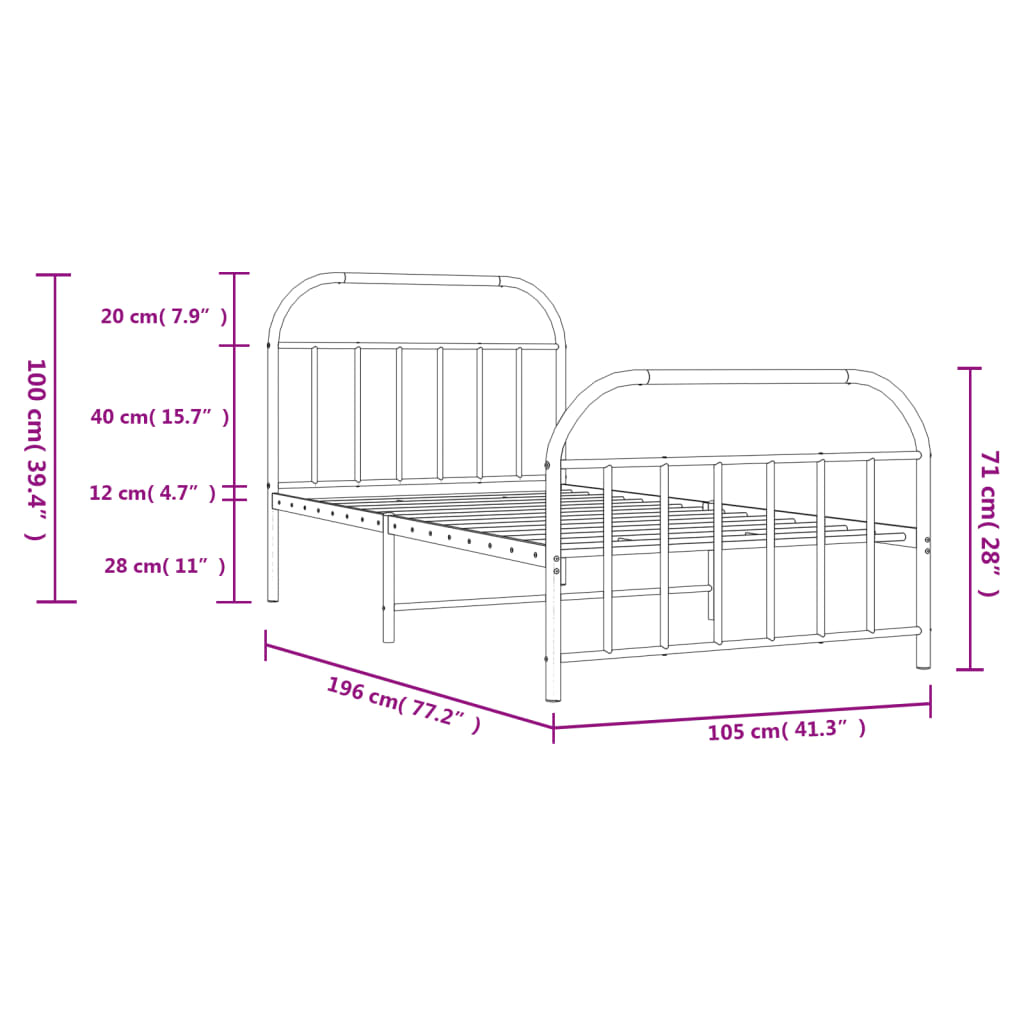 Metal Bed Frame without Mattress with Footboard White 39.4"x74.8"