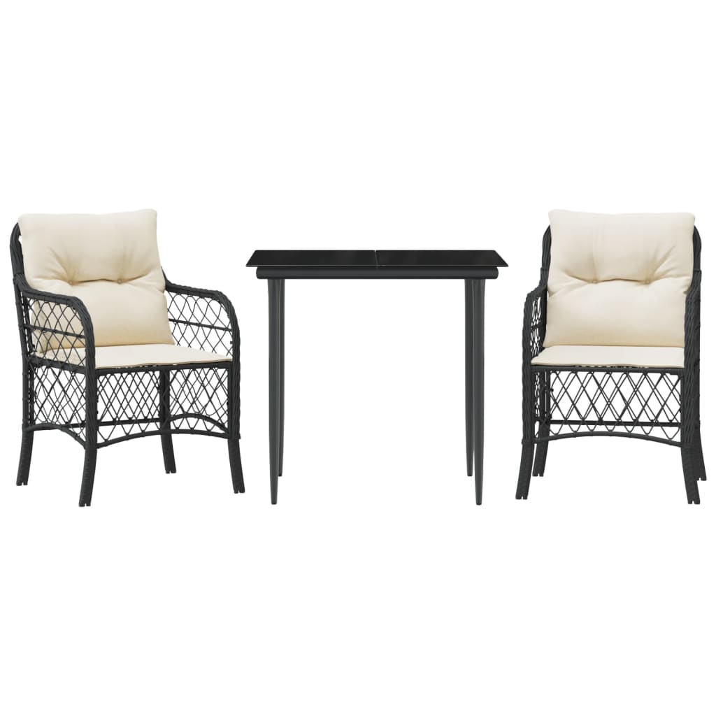 3 Piece Bistro Set with Cushions Black Poly Rattan