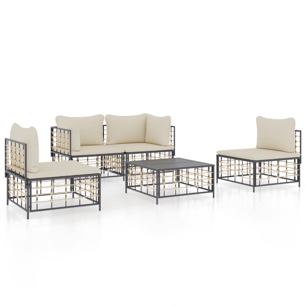 5 Piece Patio Lounge Set with Cushions Anthracite Poly Rattan