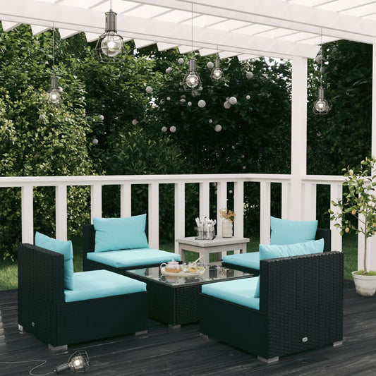 5 Piece Patio Lounge Set with Cushions Poly Rattan Black