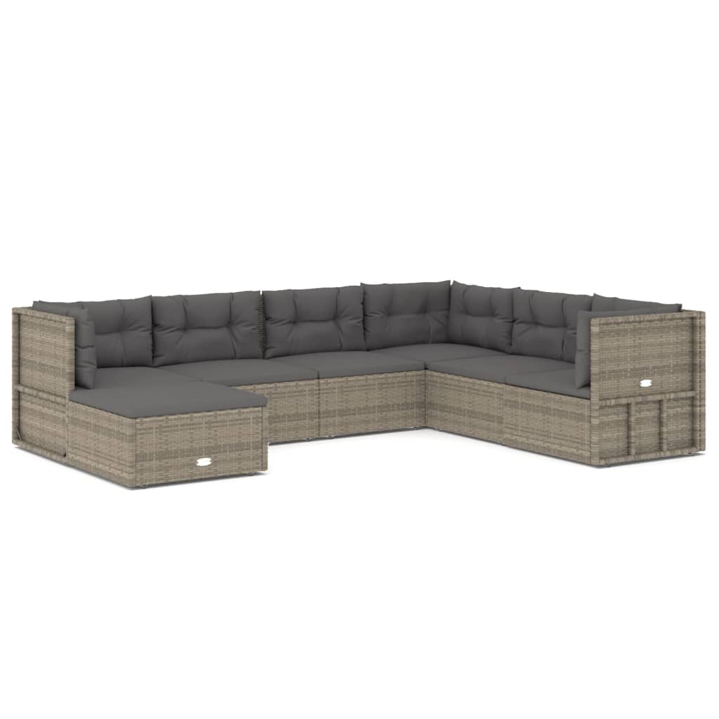 7 Piece Patio Lounge Set with Cushions Gray Poly Rattan