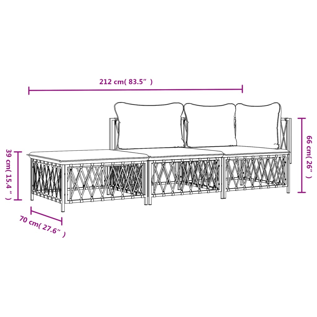 3 Piece Patio Lounge Set with Cushions White Steel