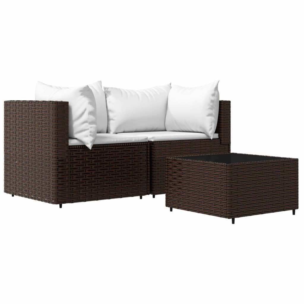 3 Piece Patio Lounge Set with Cushions Brown Poly Rattan