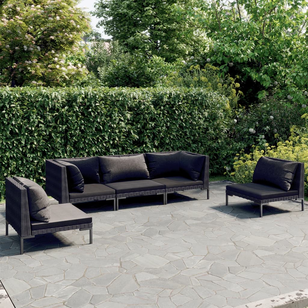 5 Piece Patio Lounge Set with Cushions Poly Rattan Dark Gray