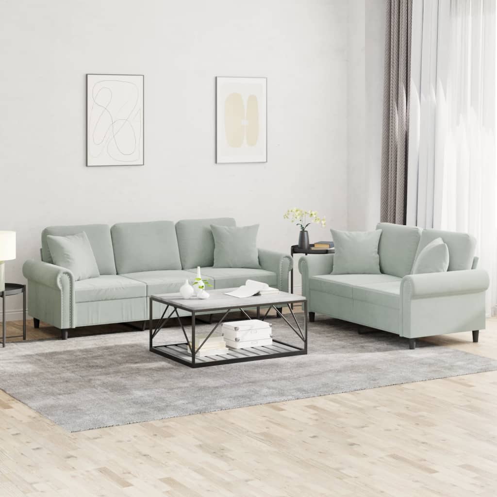 2 Piece Sofa Set with Pillows Light Gray Velvet