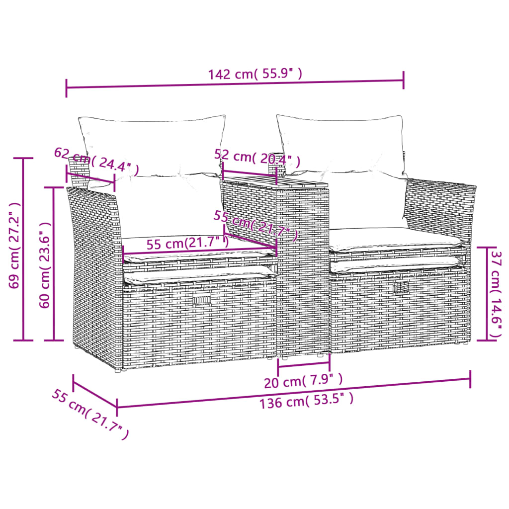 Patio Sofa 2-Seater with Stools Beige Poly Rattan