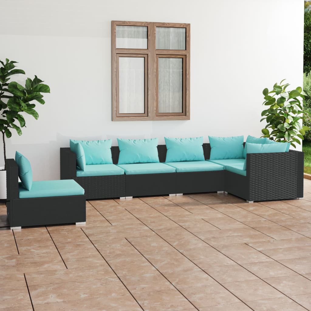 6 Piece Patio Lounge Set with Cushions Poly Rattan Black